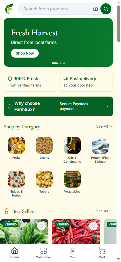 FarmBux app — shop home